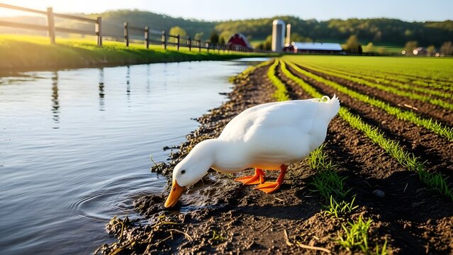 A white duck sips water from the edge of a lush green field with rows of crops under a bright sunlit sky