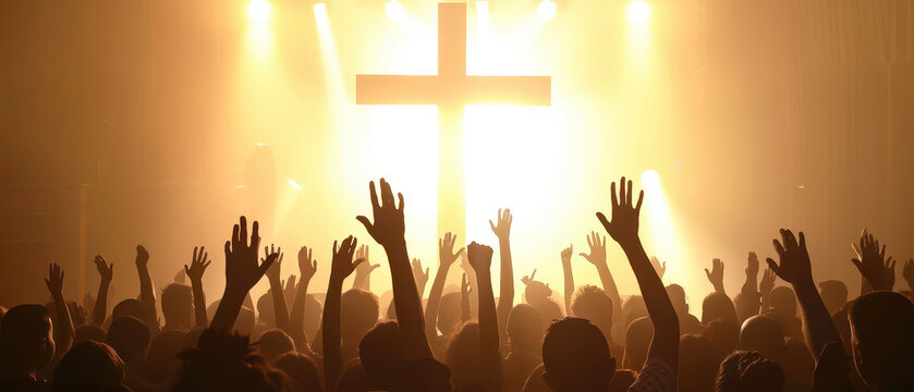 Wide angle silhouette of crowd with raised hands in front of illuminated cross. Concept of worship, faith, unity, spirituality and religious gathering.