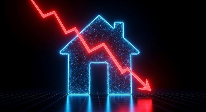 Neon house silhouette with red, downward trending arrow, against black background