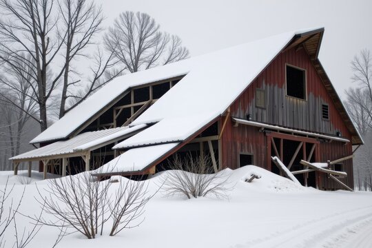 A collapsed barn roof that has caved in under the sheer, crushing weight of a multi day snowstorm.