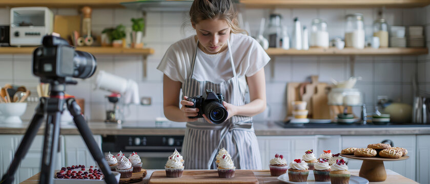 Young female baker photographing cupcakes with professional camera in cozy home kitchen. Concept of food photography, blogging, small business, content creation and entrepreneurship.