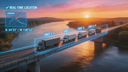 Obraz na płótnie Canvas A fleet of trucks driving across a bridge over a river during a vibrant sunset with a GPS tracking system displayed, showcasing modern logistics and transportation technology.