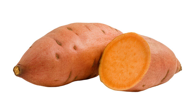 Whole and Cut Orange Sweet Potato Showing Interior Flesh