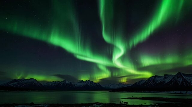 The Aurora Borealis lights form a dynamic and dramatic wave pattern, stretching from the horizon to the sky.