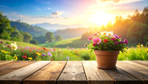Wooden table foreground, pot of bright flowers, scenic field with hills, sunset