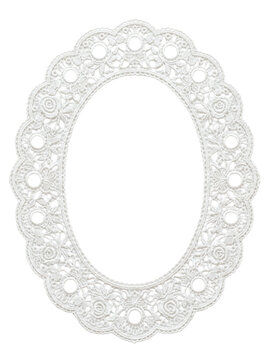 Elegant oval white lace frame with embroidered roses and circular cutouts on a transparent background
