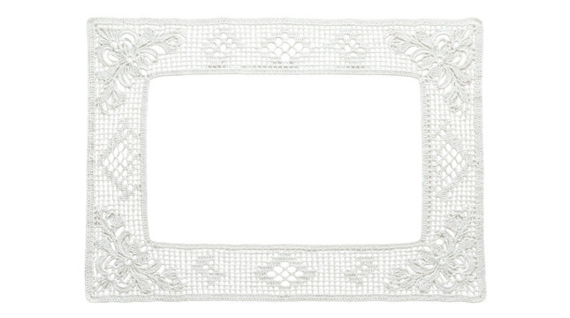 Wide rectangular white crocheted lace frame with floral motifs on a transparent background
