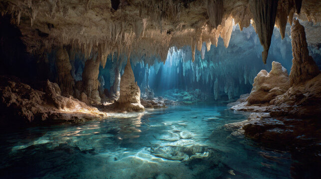 Cave cavern stalactite stalagmite rock water pool lake sunlight ray cave cavern stalactite stalagmite rock water pool lake sunlight ray create magical underground landscape with crystal reflection