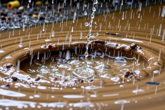 A deep, muddy pothole bubbling and splashing as heavy rain continuously bombards its surface.
