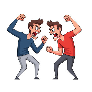 Two angry men arguing and fighting, cartoon illustration