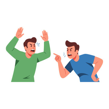 Two men arguing, conflict, disagreement, anger, shouting, pointing fingers, animated illustration