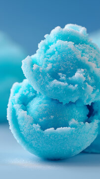 A close-up, macro shot of scoops of bright blue sorbet or shaved ice. The texture is highly detailed, showing a crystalline, frosty surface, refreshing. 