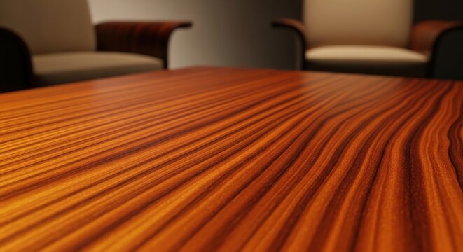 Striking figured Sapele wood grain table surface showcasing natural organic patterns in warm tones