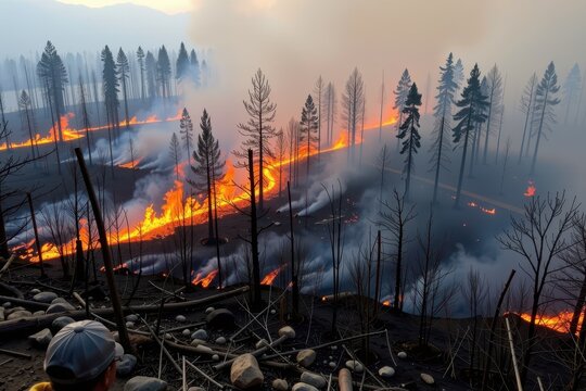 A heavy rainstorm extinguishing the smoking, blackened remains of a massive forest fire.