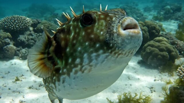 A pufferfish swimming towards the camera in the ocean