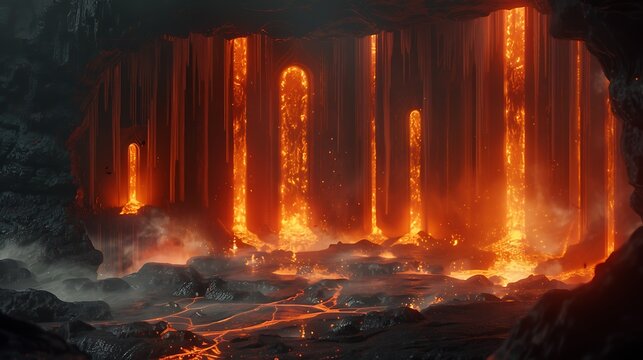 Cave interior displays vertical streaks of molten glowing lava flowing down dark rocky stone walls.