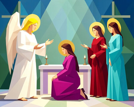 A stylized, low-polygon art depiction of a religious scene. On the left, an angelic figure with bright yellow hair and a radiant white robe is gesturing with its hands