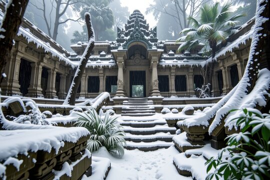 Ancient, overgrown temple ruins in the jungle experiencing a freak blizzard, the stone carvings completely blanketed in white.
