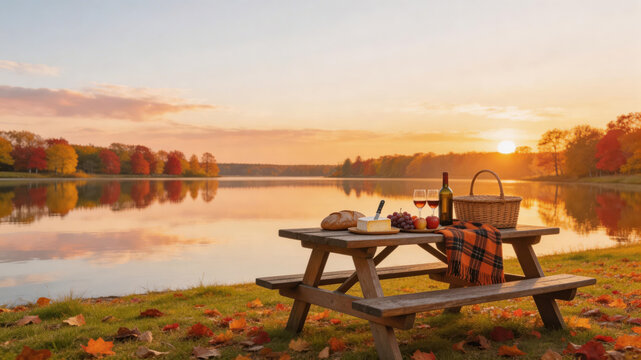Labor day picnic on lakeside picnic bench at sunset with autumn leaves bread cheese wine and warm atmosphere