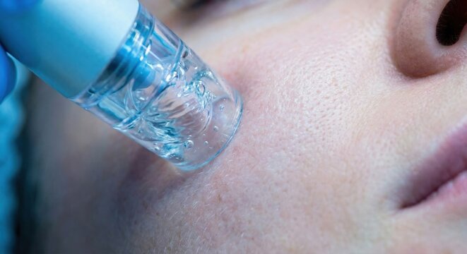 Hydra-facial suction tip performing skin treatment on cheek