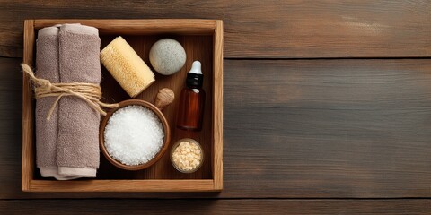 Obraz na płótnie Canvas Top View of Professional Spa Treatment Kit in Wooden Tray Including Sea Salt, Essential Oil Bottle, Towels, and Massage Stones on Dark Rustic Wood Background