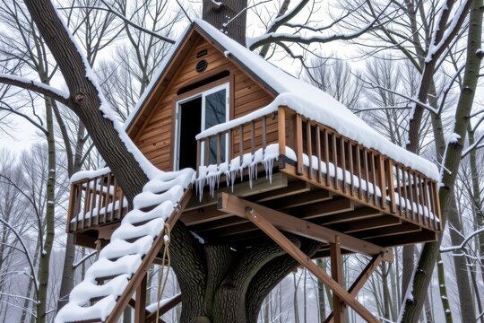 A wooden treehouse falling into disrepair, with its rope ladder swinging stiffly, coated in thick snow and ice.
