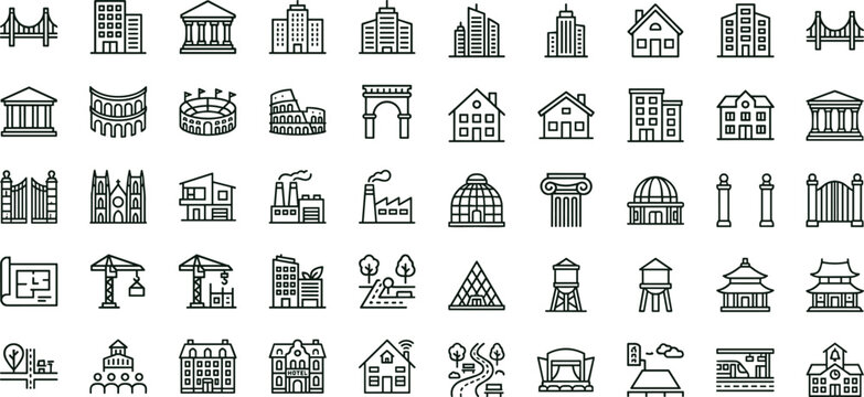 Architecture landmarks outline vector icon set featuring buildings monuments infrastructure structures city skyline housing and urban development applications