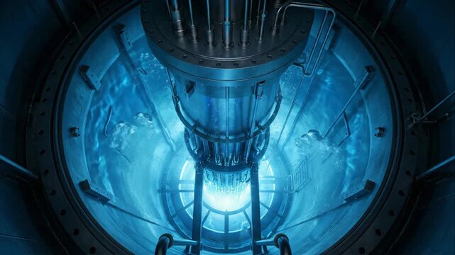 Cinematic top-down view looking into a glowing blue nuclear reactor core pool with rising bubbles