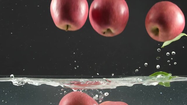Apples splash into clear water with ripples and droplets on a dark background