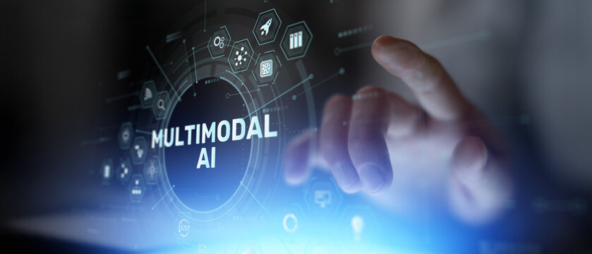 Multimodal AI Concept with Human Hand Interaction Futuristic Interface Data Fusion and Cross Modal Intelligent System Visualization.