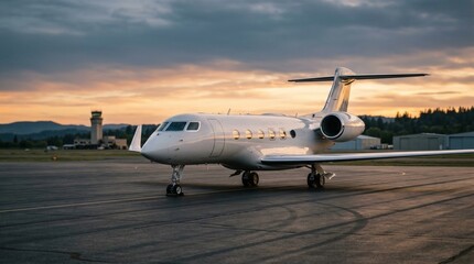 Fototapeta premium Private jet parked on an airport tarmac during a beautiful sunset