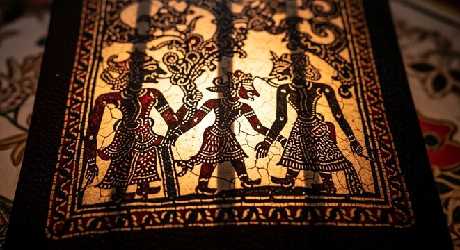 Traditional Javanese wayang kulit shadow puppet figures illuminated from behind, intricate patterns, cultural art