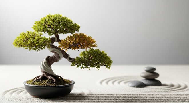 A meticulously sculpted miniature bonsai tree in a tranquil zen garden setting, showcasing artistic horticultural mastery.