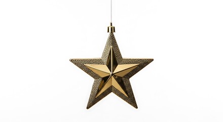 Fototapeta premium A gold, star-shaped Christmas ornament hanging against a bright white background