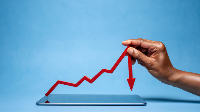 African male hand holding downward trend arrow over tablet on blue background