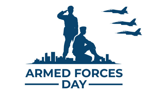 Armed forces day illustration with soldiers saluting and kneeling with fighter jets and city skyline honoring military service patriotic vector design