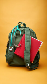 Green backpack with stethoscope and red books against yellow background
