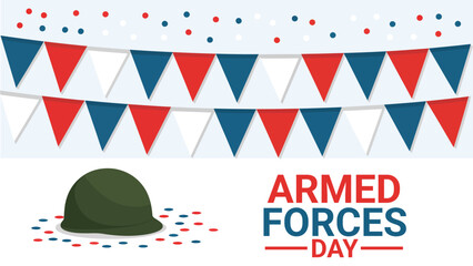 Obraz premium Armed forces day illustration with military helmet and patriotic bunting flags honoring soldiers service celebration tribute vector design