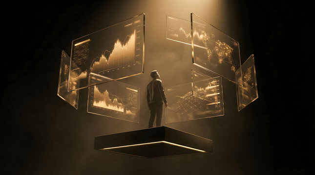 Business Analyst Viewing Financial Data Charts in Futuristic Digital Environment