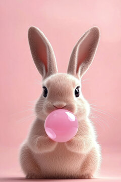 Cute pink bunny holding bubble gum, fluffy fur, big ears, pastel background, playful mood, adorable animal, soft lighting