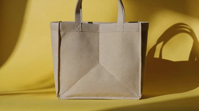 A beige tote bag sits on a yellow surface with its shadow cast on the wall behind it.