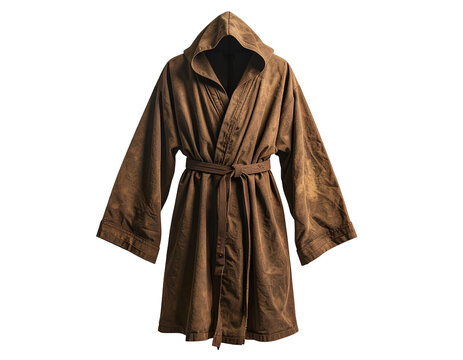 A rustic, hooded, brown robe cinched with a matching sash