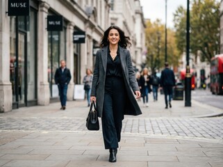 Obraz premium Happy businesswoman walking on city street with handbag and coat