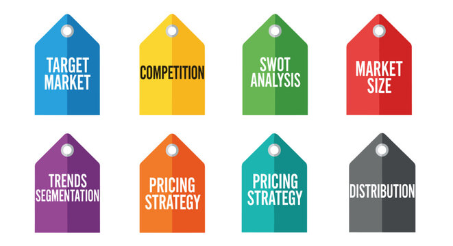 Collection of eight business strategy tags featuring target market, competition, swot analysis, market size, trends segmentation, and pricing strategy concepts in vibrant, clean,