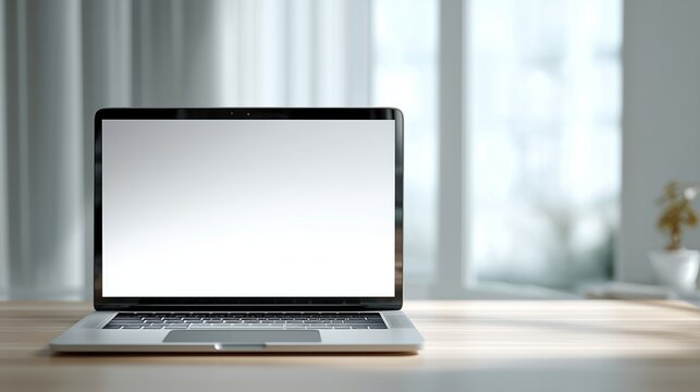 Blank white laptop screen mockup on a wooden desk near a bright window with natural sunlight