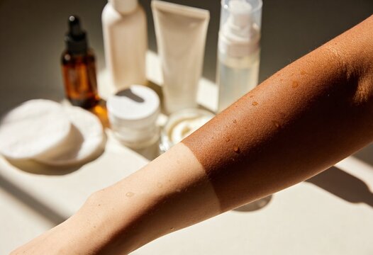 Close up of wet forearm with tan line in sunlight beside skincare bottles and cream jar on bathroom counter, sun protection and body care concept