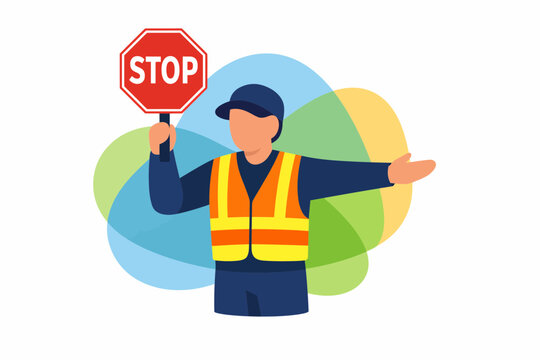 Traffic Controller Holding Stop Sign in Safety Vest Illustration