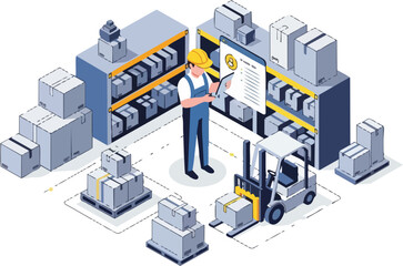 Obraz premium Isometric Warehouse Management and Logistics Illustration with Worker Holding Digital Tablet, Forklift, and Cargo Boxes