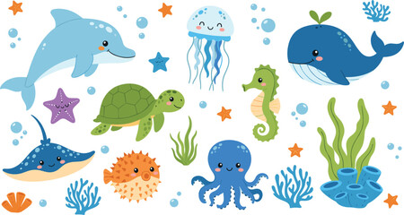Cute ocean animal vector set with blue whale, dolphin, sea turtle, octopus, stingray, and puffer fish for nautical nursery decor and kids design. © MstRakha