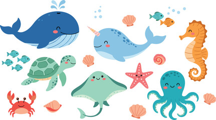 Cute ocean animal vector set with blue whale, narwhal, sea turtle, octopus, stingray, and seahorse illustrations for nautical nursery decor and kids design. © MstRakha
